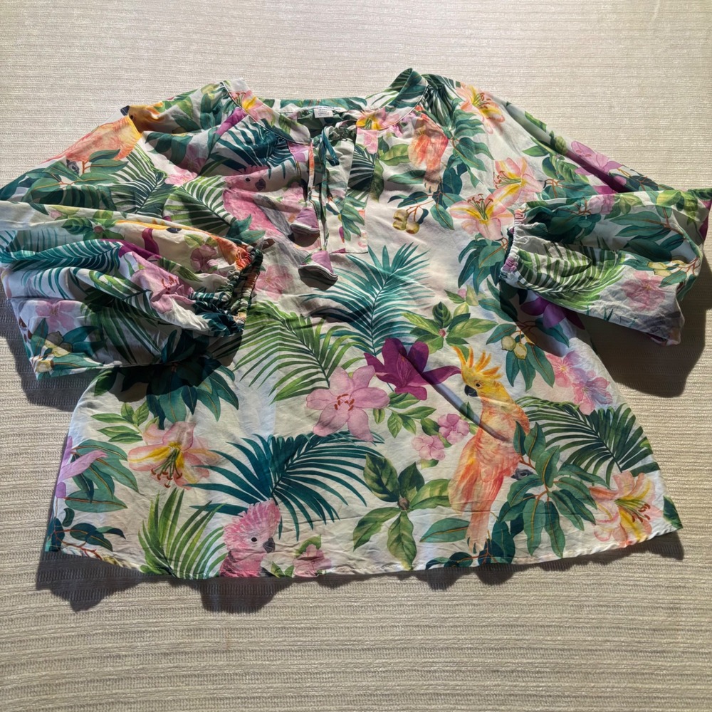 Tommy Bahama Tropical Bird Floral Silk Blend Balloon Sleeve Blouse SW321558 S